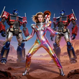 milla jovovich and david bowie wearing a rocknroll glitzy glamour spacesuit, psychedelic, surreal, beautiful, heroic action pose, a friendly android, stunning alien landscape, cinematic, dramatic studio lighting, wide shot, in the style of kubrick, ridley scott, jodorowsky, dune, star wars, transformers, moulin rouge, illustration, octane render 8 k
