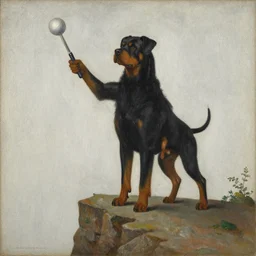 Man wearing a dog rotweiler costume standing on a cliff brandishing an orb uni-ball palette knife eric gill charlie bowater guillem h. pongiluppi donato giancola Bastien Lecouffe-Deharme j.c. leyendecker eleanor fortescue-brickdale encaustic silverpoint