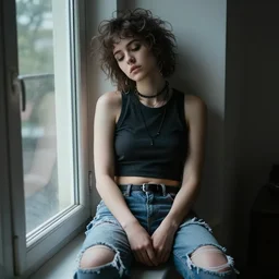 a beautiful sleepy punk sit at a window, wearing crop top and torn short pants, pretty face, Glamor Shot, Magnification, 8K, Lonely, Accent Lighting, De-Noise, symmetrical face, hyper-realistic