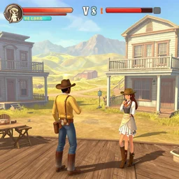 screenshot of gameplay dating simulator game set in 1 8 6 5, interior of old west saloon, featuring african american and japanese cowboys and cowgirls in ghost town with buildings painted bright pastel colors, morning light with mountains in the background