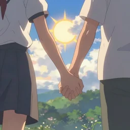 a man and a woman holding hands under a beautiful sun drawn like the anime Your Name anime,