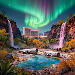 las vegas strip on danakil depression of the place with acid pools by hindenburg aircraft disaster during autumn season on an interstellar aurora borealis of waimea canyon on kauai, pink waterfalls, lush, by peter mohrbacher, james jean, james gilleard, greg rutkowski, rule of thirds, octane render, beautiful