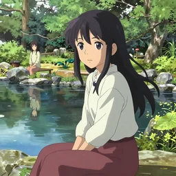 a beautiful girl with long dark hair, sitting by a pond, japanese garden, daytime, sharp focus, intricate, artstation, official media, anime key visual, highly detailed, rich vivid colors, ambient lighting, dynamic lighting, art by Artgerm, Makoto Shinkai, Ilya Kuvshinov, Lois Van Baarle, and Rossdraws