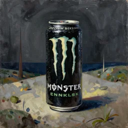can of Monster energy drink by Zdzisław Beksiński, oil on canvas