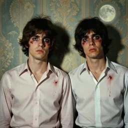 two handsome but sinister young men wearing oxford shirts in layers of fear, with haunted eyes and wild hair, 1 9 7 0 s, seventies, wallpaper, a little blood, moonlight showing injuries, delicate embellishments, painterly, offset printing technique, by brom, robert henri, walter popp