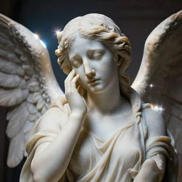 artistic portrait of a crying female marble statue, art by alessio albi 8 k ultra realistic, sadness, lament, wings, lens flare, atmosphere, glow, detailed, intricate, full of color, led lighting, trending on artstation, 4 k, hyperrealistic, 3 5 mm, focused, extreme details, unreal engine 5, masterpiece