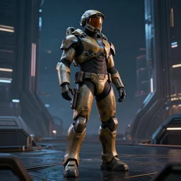 off angle beautiful full body shot film still of master chief at night in science fiction city hard surface modeling unreal redshift