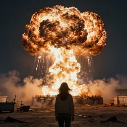 girl looking at nuclear explosion, trending on artstation, epic, cinematic