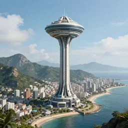 A coastal city near some mountains, sci-fi, space elevator, 8k photorealistic