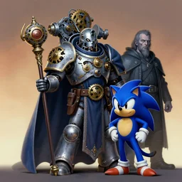 full character potrait of genetic combination between clockwork machine & blue hedgehog & cat holding a ceremonial staff, wearing a cloak, zdzislaw beksinski, lewis jones, dariusz zawadzki, wayne barlow, warhammer fantasy, cold hue's, warm tone gradient background, concept art, 4 k, ultra - high - definition