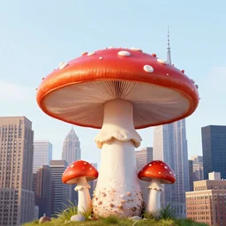 a giant amanita muscaria in the New York skyline