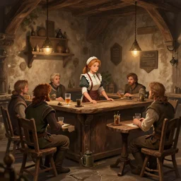 medieval tavern with barmaid and patrons, deviantart, artstation, fantasy