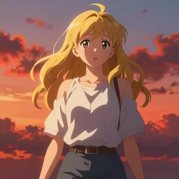 blonde - haired princess, anime princess, wearing casual clothing, golden hour, partly cloudy sky, red clouds, orange sky, strong lighting, strong shadows, vivid hues, ultra - realistic, sharp details, subsurface scattering, intricate details, hd anime, 2 0 1 9 anime