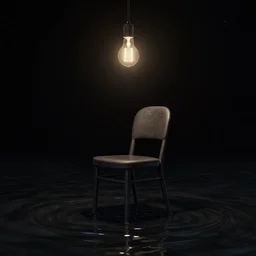 a matte painting of a chair under a lightbulb in dark space, artstation, surreal, black water, dramatic lighting, by rembrandt