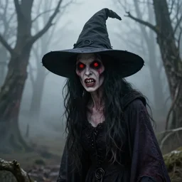 A realistic detailed photo of a creepy witch, red eyes, dead trees, detailed body, teeth filled with cavities, foggy landscape, creepy, light particles, detailed light, realistic shaders, trending on artisation, detailed textures, detailed, realistic.