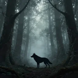 saci perere, folklore, digital art in the style of kazuha fukami, dark forest, fog, wolf silhouette