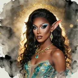 brown - skinned gorgeous ocean fae themed drag queen. backlighting, depth of field, 4 k, ink wash and gold leaf by award - winning portrait artist