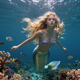 “mermaid with blond long hair swimming in the ocean with coral and fish swimming around her”