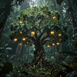 highly detailed photo of futuristic tree having glowing fruits in the middle of dark jungle in the style of Greg Rutswoski, hyper realistic, wide angle shot, concept art, 8K detail post-processing