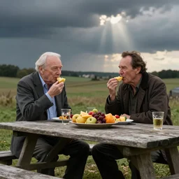 photo of anthony hopkins and jeffrey dahmer sitting at a picnic table eating delicious fruit, hd