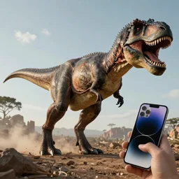 tyrannosaurus rex using an iphone, photorealistic