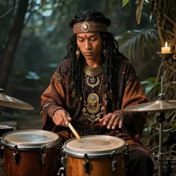 a techno shaman plays with his drum machine, photorealistic, mystical