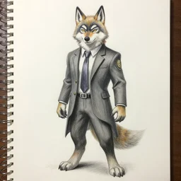 master furry artist colored pencil drawing full body portrait character study of the anthro male anthropomorphic wolf fursona animal person detective wearing suit and tie