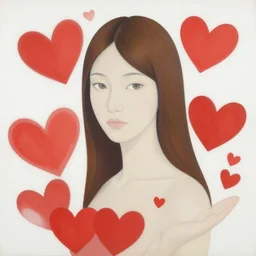 a painting of a woman surrounded by hearts, a detailed painting by chiho aoshima, featured on deviantart, naive art, detailed painting, made of beads and yarn, concert poster