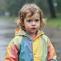 a one year old girl with short wavy curly light brown hair and blue eyes wearing a colorful raincoat in the rain. by artgerm and greg rutkowski and ilya kuvshinov