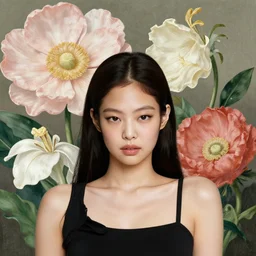 a portrait of  Jennie Kim, looking straight into the camera, with gigantic flowers n the background by James Jean and Maria Sibylla Merian