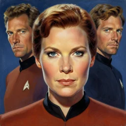 captain janeway from star trek voyager, a still from star trek voyager painted by artgerm and greg rutkowski and alphonse mucha. clear highly detailed face, beautiful sci fi art