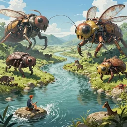 an intricate concept art, illustration, fantasy micro - world of a river with man fishing, mechanical large insect biomes in a river, megafauna, ultra photorealistic, ultra sharp, pinterest, artstation, cgsociety, pinterest, digital art, anime colors, style by wlop, hyperrealistic, octane render, 8 k