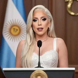 Lady Gaga president of Argentina, Argentina flag behind, bokeh, detailed, hd, giving a speech