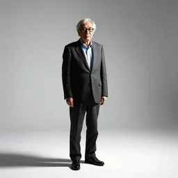 stoic professor with glasses, cinematic studio photo, full body, standing, isolated on a pure white background, centered, whole figure in frame, sharp focus, studio lighting