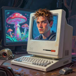 A comic book style portrait painting of a vintage Mac in a post apocalyptic setting, with a psychedelic mushroom on the screen, unreal 5, DAZ, hyperrealistic, octane render, RPG portrait, dynamic lighting