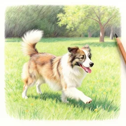 Colored pencil art on paper, Dog playing in park, highly detailed, artstation, MasterPiece, Award-Winning, Caran d'Ache Luminance