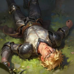 blond knight with glasses fall on his face, upside down, fantasy, digital painting, dramatic lighting, vibrant setting, realistic shading, unreal engine 5, concept art, ultra detailed, trending artstation