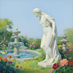 titanic ancient god statue bending over a pagan japanese garden by gertrude abercrombie, focus on the garden with flowers and pagan fountains, very cohesive and vibrant, serenity, hyperminimalist, 8 k, surreal oil painting, highly detailed, dream like, masterpiece