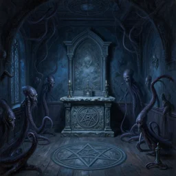 gothic mansion secret room altar stone and pentagram, wooden floor, darkness, evil, creepy, science, 1 9 century, hard atmosphere, lovercraft, insmouth, tentacles, artwork, paint, blue tones, detailed, by bastien lecouffe deharme, by jeremy mann, by alexander fedosav