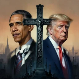 portrait of cross between barack obama and donald trump, by zdzislaw beksinski, by dariusz zawadzki, by john jude palencar, gothic, surrealism, cosmic horror, lovecraftian, cold hue's, warm tone gradient background, concept art, beautiful composition
