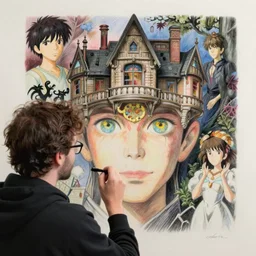 a journalist investigating a haunted mansion, finely illustrated face, highly detailed, colored pencil, studio ghibli, in the style of ilya kuvshinov and masamune shirow and william - adolphe bouguereau and alphonse mucha
