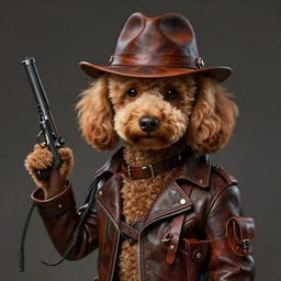 a poodle wearing leather fedora hat, leather jacket, leather whip, gun, leather holster, leather bag, concept art, detailed face, fantasy, highly detailed, cinematic lighting, digital art painting