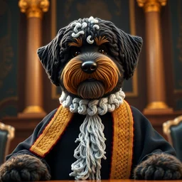 a closeup photorealistic illustration of a knitted bernedoodle judge wearing his justice gown and addressing the courtroom. this 4 k hd image is trending on artstation, featured on behance, well - rendered, extra crisp, features intricate detail, epic composition and the style of unreal engine.