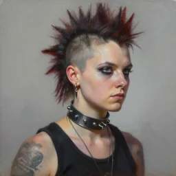 oil painting of punk looking tracer wearing steel choker,