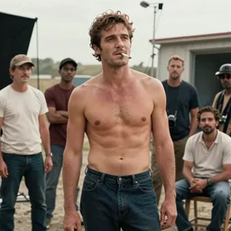 Shirtless Pedro Pascal standing on a movie set with a cigarette in his mouth with actors standing and sitting behind him. Photorealistic, 4k, impressive