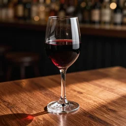 a glass of ruby porto on a wooden table in a bar, nice angle, caustics effects, professional food photography