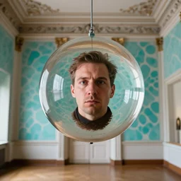 a perfect photograph of a man completely filling a glass sphere, his face squashed and distorted on the inside of the glass. the sphere is suspended midair in a beautiful gallery room with teal and white random patterns on the ornate plaster walls