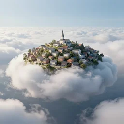 singular!!! village resting on clouds. dynamic perspective, symbolism, surrealism, concept art by dom qwek, trending on cg society, neofuturism, futuristic, volumetric lighting, aesthetic. digital matte painting