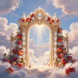 heaven fantasy painting, big pearly gate in heaven, apples, fruit, 8 k, trending on art station, digital art, puffy clouds, godly, godrays