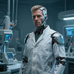 a laboratory operator man with cybernetic enhancements, scifi character portrait by greg rutkowski, craig mullins, cinematic lighting, dystopian scifi gadgets